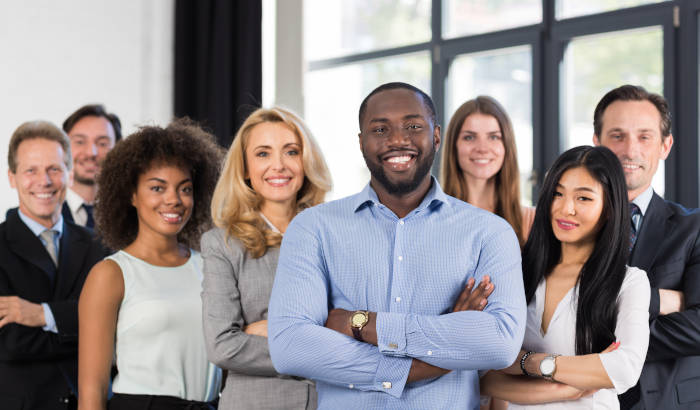 African American Businessman Boss With Group Of Business People In Creative Office, Successful Mix Race Man Leading Businesspeople Team Stand Folded Hands, Professional Staff
