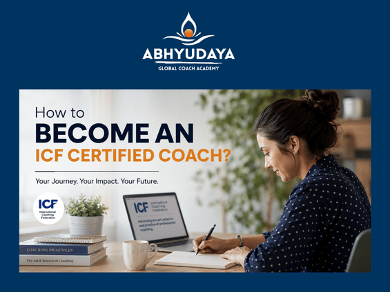 Professional coaching session banner showing a coach speaking with a client in a modern office environment. The image includes the headline “How to Become an ICF Certified Coach?” alongside a real-life coaching conversation, representing professional coach training, leadership development, and career growth through ICF certification.