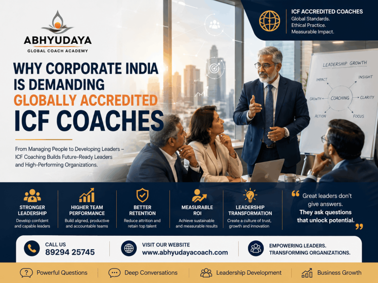 Senior business leaders participating in an executive coaching session with an ICF-accredited coach in a modern corporate boardroom, highlighting leadership development, executive coaching, and globally accredited ICF coach training in India.