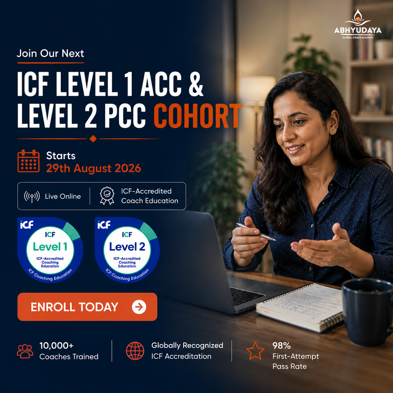 Join the ICF Level 1 ACC and Level 2 PCC Coach Education cohort starting 29 August 2026. Live online ICF-accredited coach training by Abhyudaya Global Coach Academy.