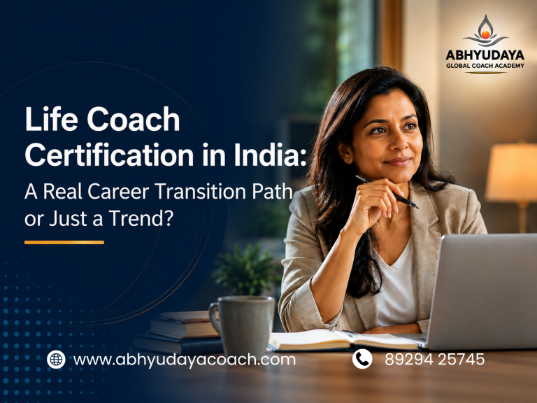 Life Coach Certification in India banner featuring a professional coach working online, highlighting coaching as a real career transition path through ICF-accredited coach education.