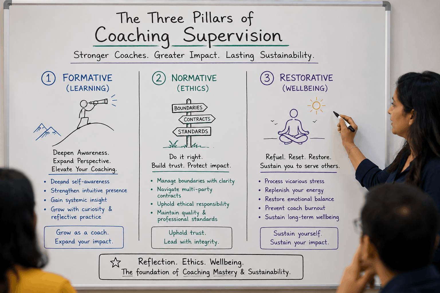 Three pillars of coaching supervision showing formative learning, normative ethics, and restorative wellbeing